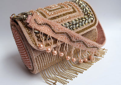 Pink & Gold Hand Beaded Bridal Clutch Purse with Suspended Pearls