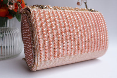Pink & Gold Hand Beaded Bridal Clutch Purse with Suspended Pearls