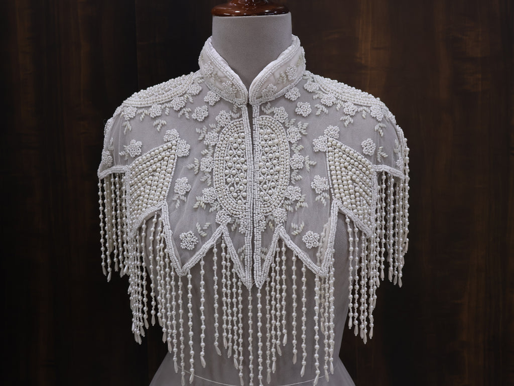 White Pearls Beaded Fringe Bridal Cape: Wedding Cover-Up Shrug