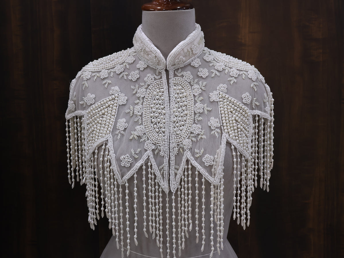 White Pearls Beaded Fringe Bridal Cape: Wedding Cover-Up Shrug