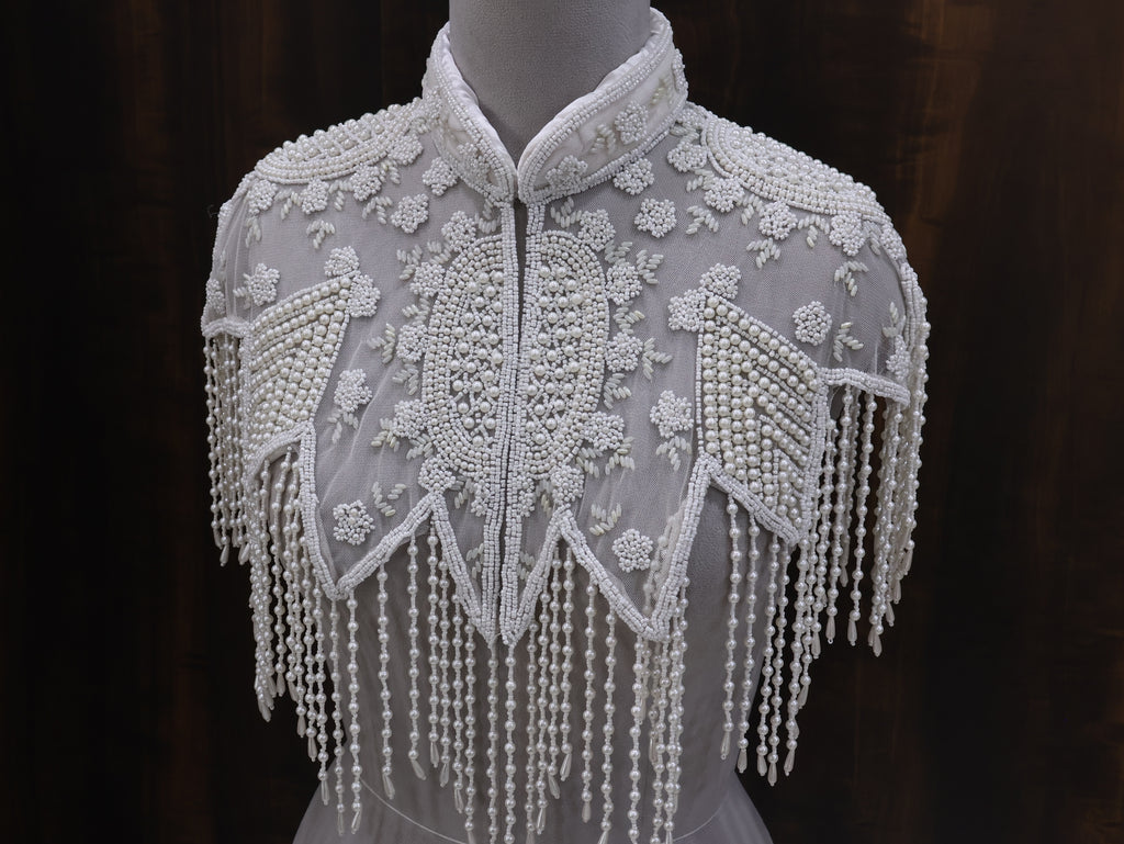 White Pearls Beaded Fringe Bridal Cape: Wedding Cover-Up Shrug