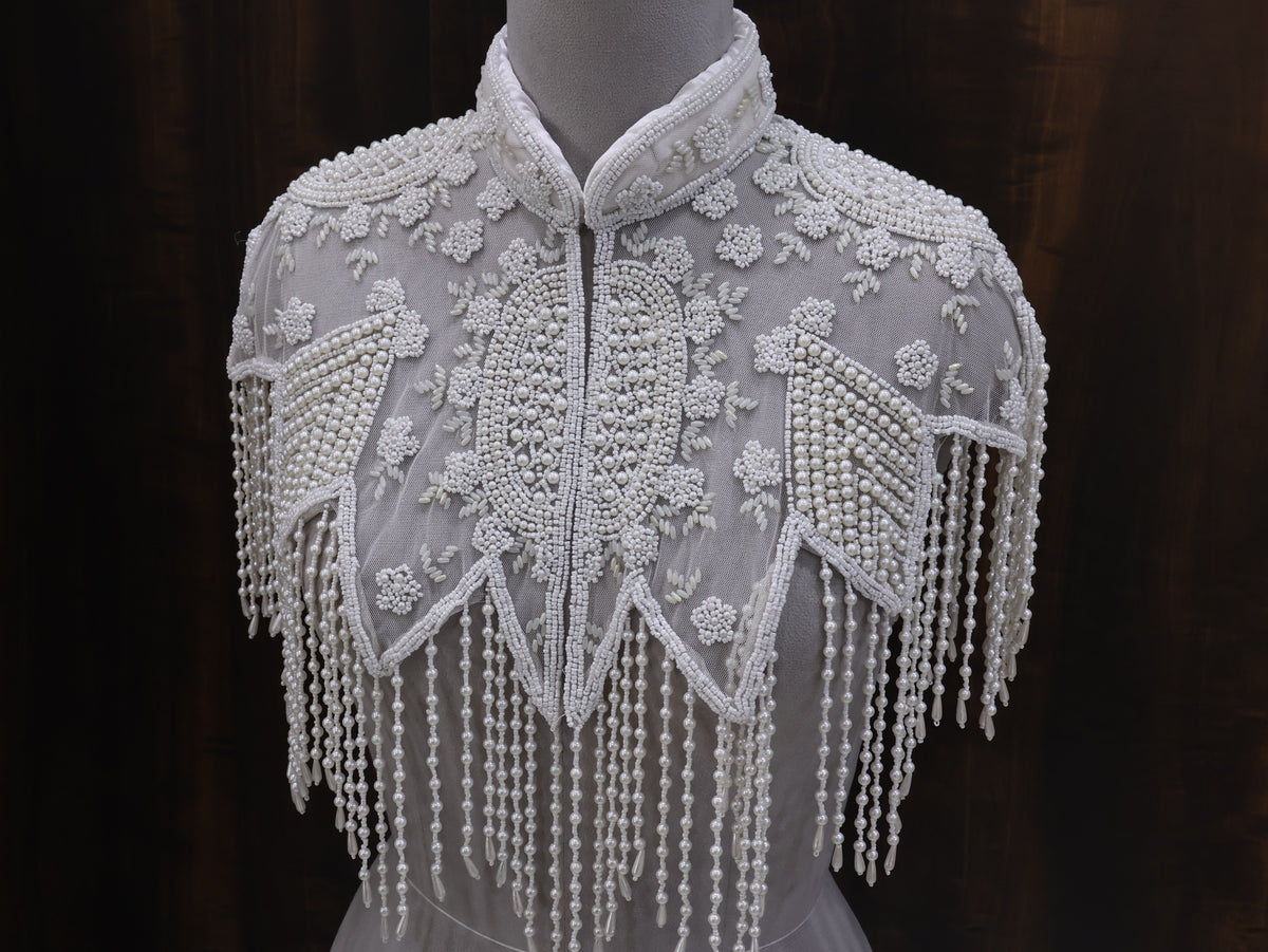 White Pearls Beaded Fringe Bridal Cape: Wedding Cover-Up Shrug