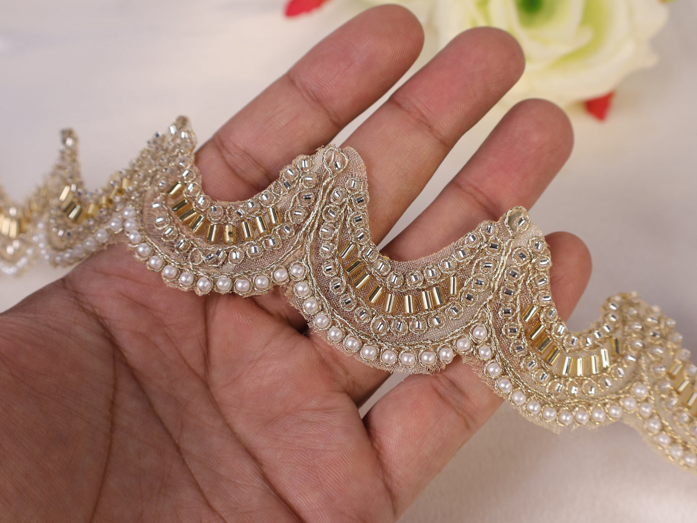 Golden Scalloped Beadswork Embellished Trim- 3 Yards Long