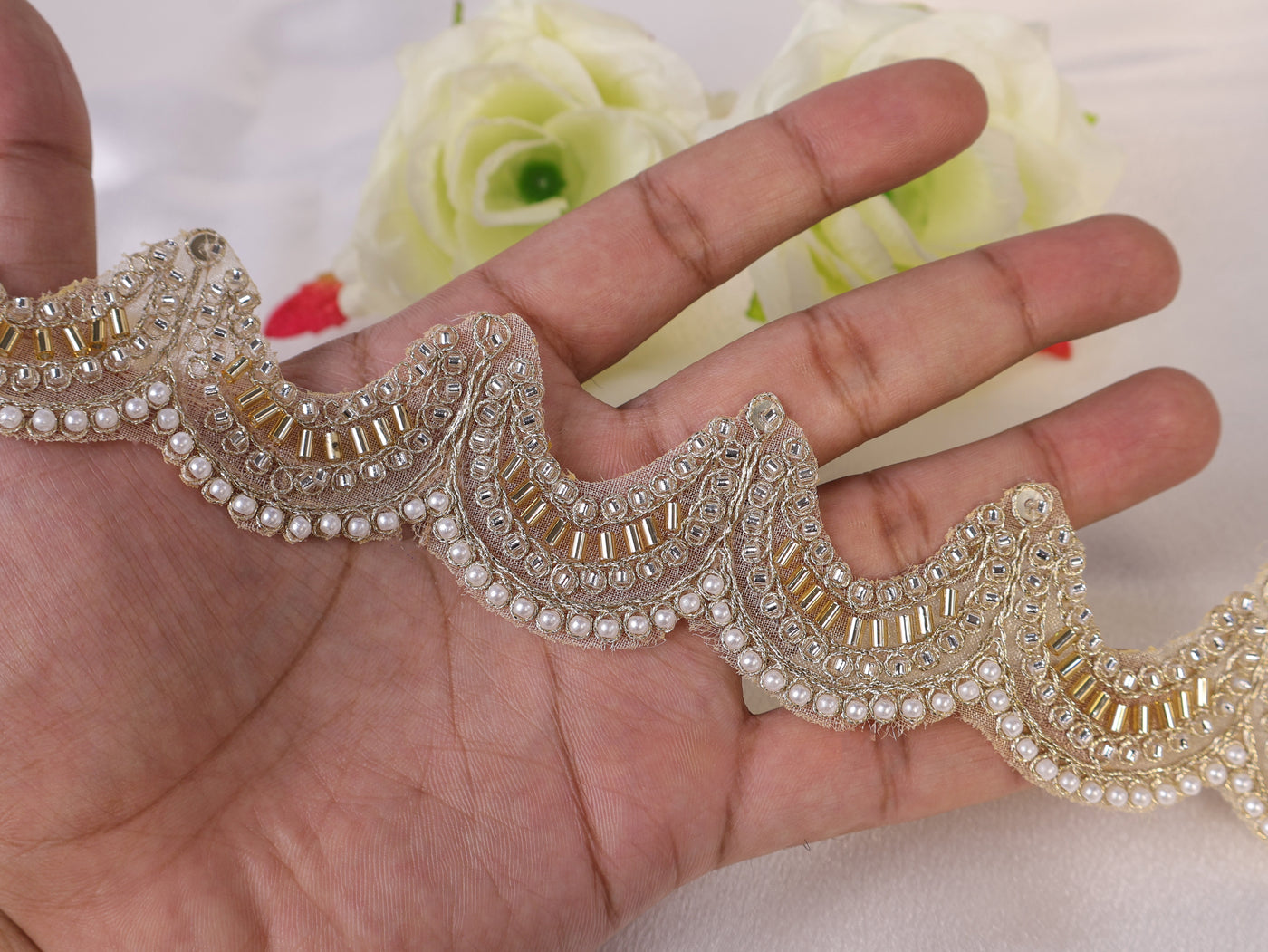 Golden Scalloped Beadswork Embellished Trim- 3 Yards Long