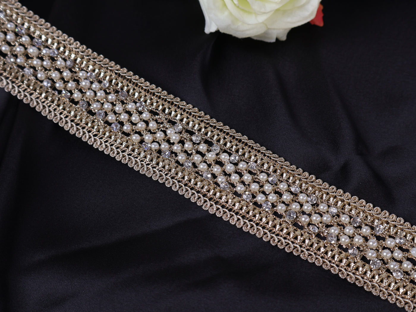 Exquisite Pearl & Zircon Embellished Trim Lace- 3 Yards Long (Copy)