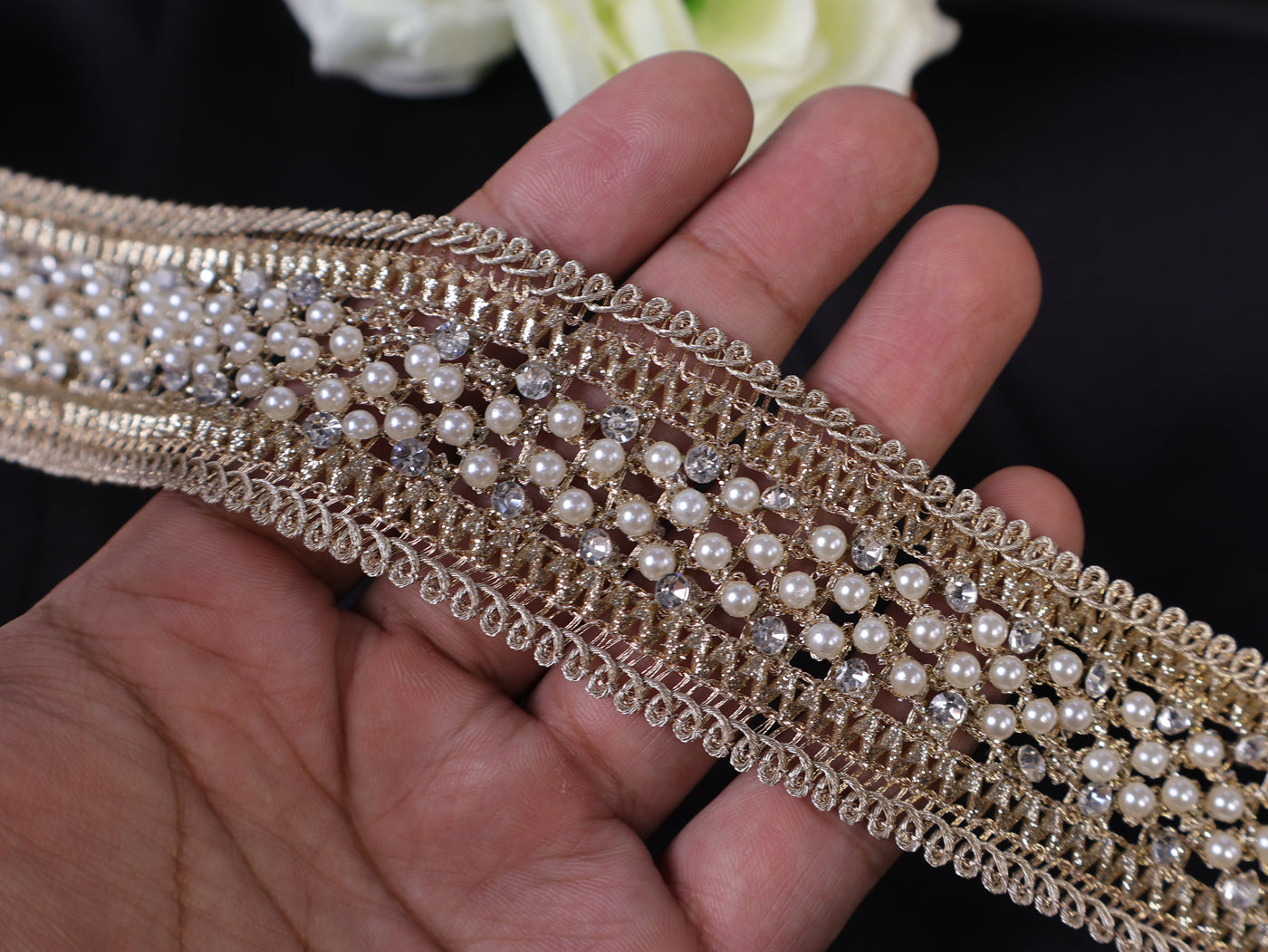 Exquisite Pearl & Zircon Embellished Trim Lace- 3 Yards Long (Copy)
