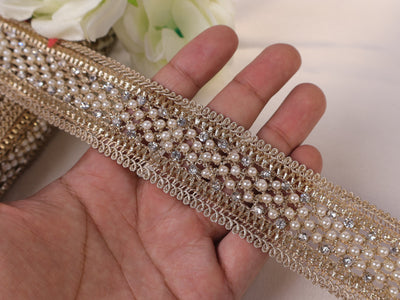Exquisite Pearl & Zircon Embellished Trim Lace- 3 Yards Long (Copy)