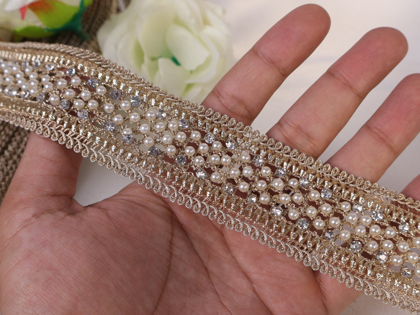 Exquisite Pearl & Zircon Embellished Trim Lace- 3 Yards Long (Copy)
