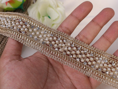 Exquisite Pearl & Zircon Embellished Trim Lace- 3 Yards Long (Copy)