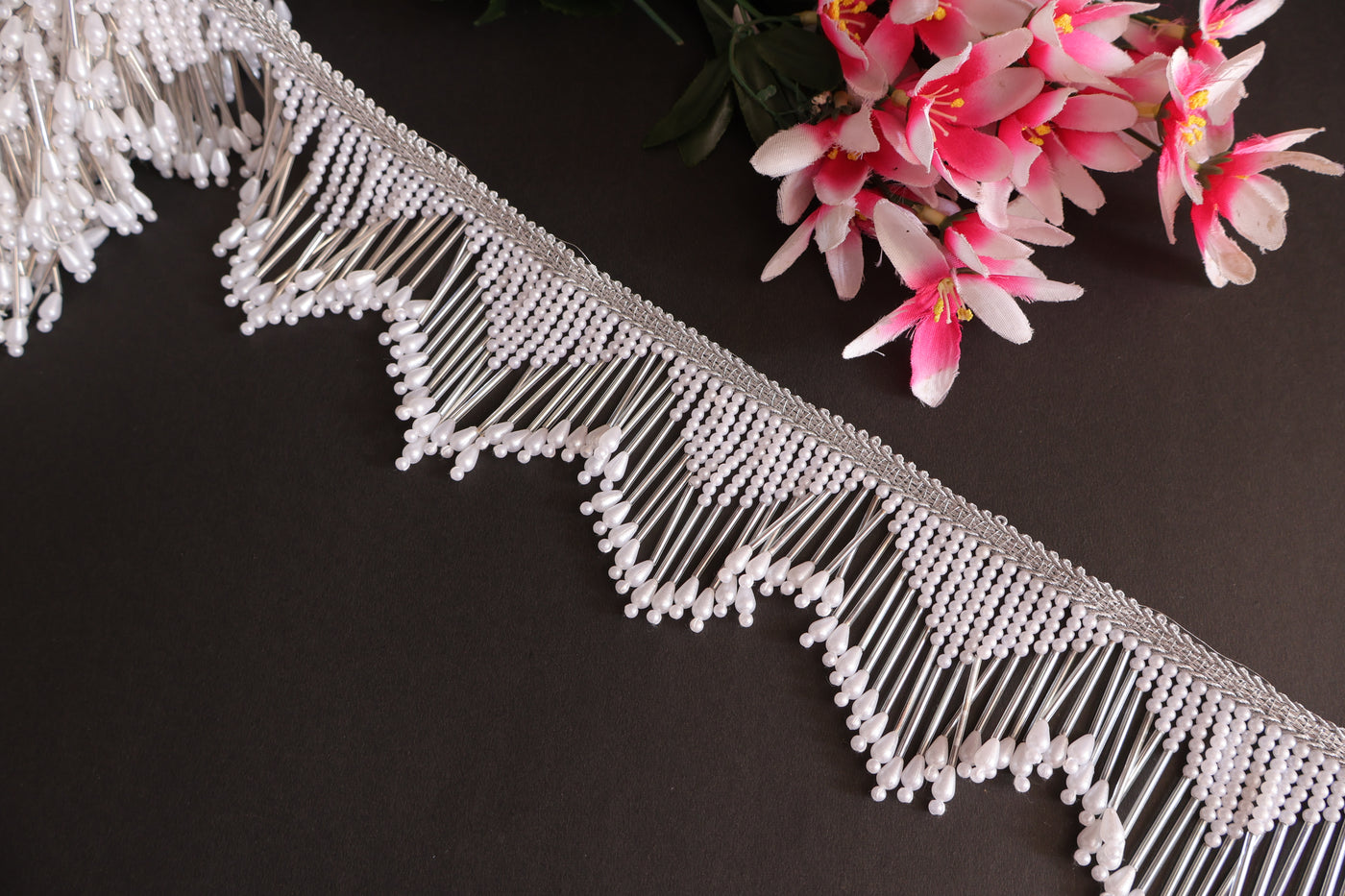 2 Yards - Faux Pearl & Glass Beads Antique Silver Rain Drop Trim