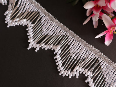 2 Yards - Faux Pearl & Glass Beads Antique Silver Rain Drop Trim