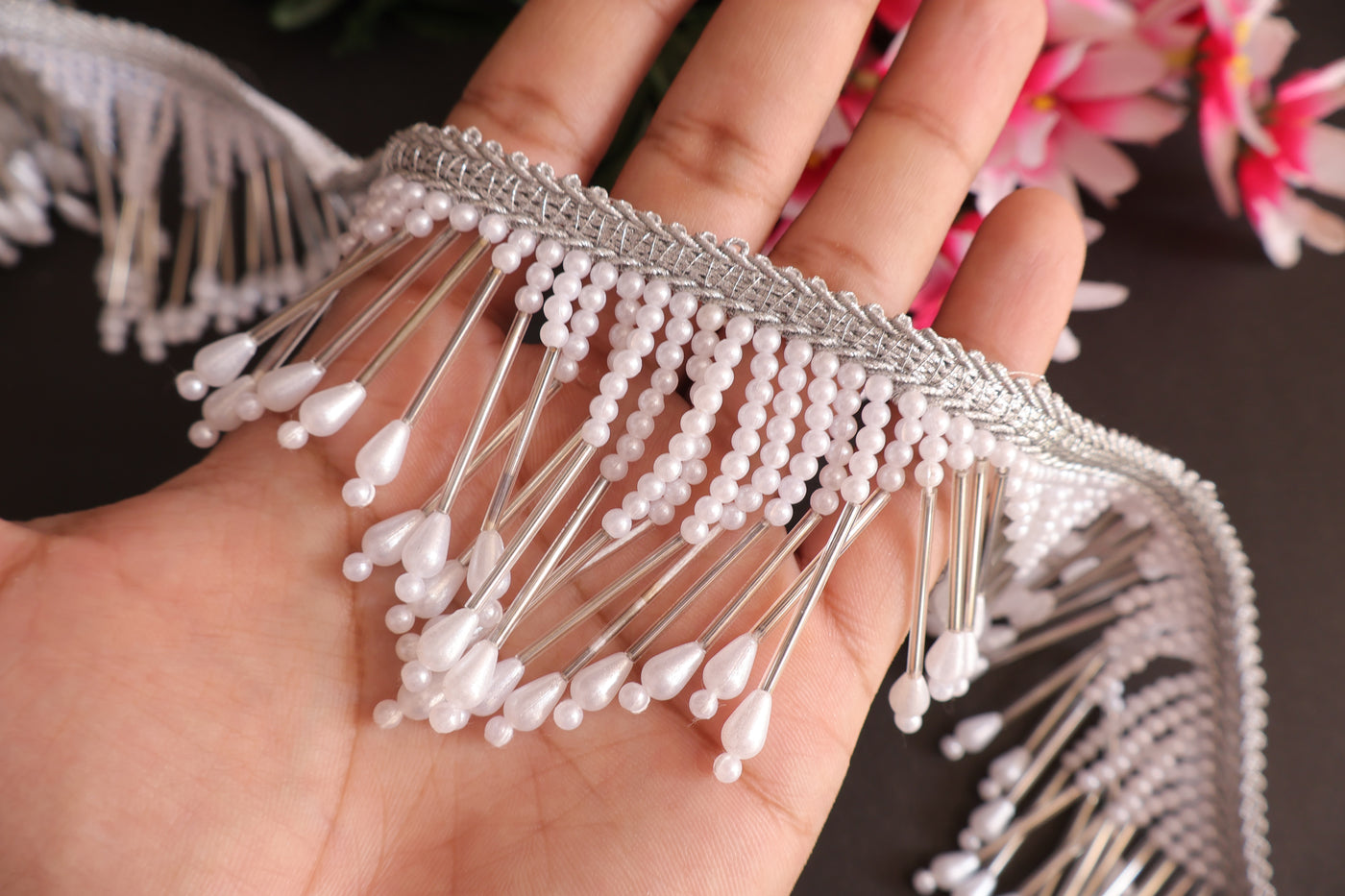 2 Yards - Faux Pearl & Glass Beads Antique Silver Rain Drop Trim