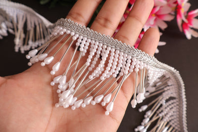 2 Yards - Faux Pearl & Glass Beads Antique Silver Rain Drop Trim