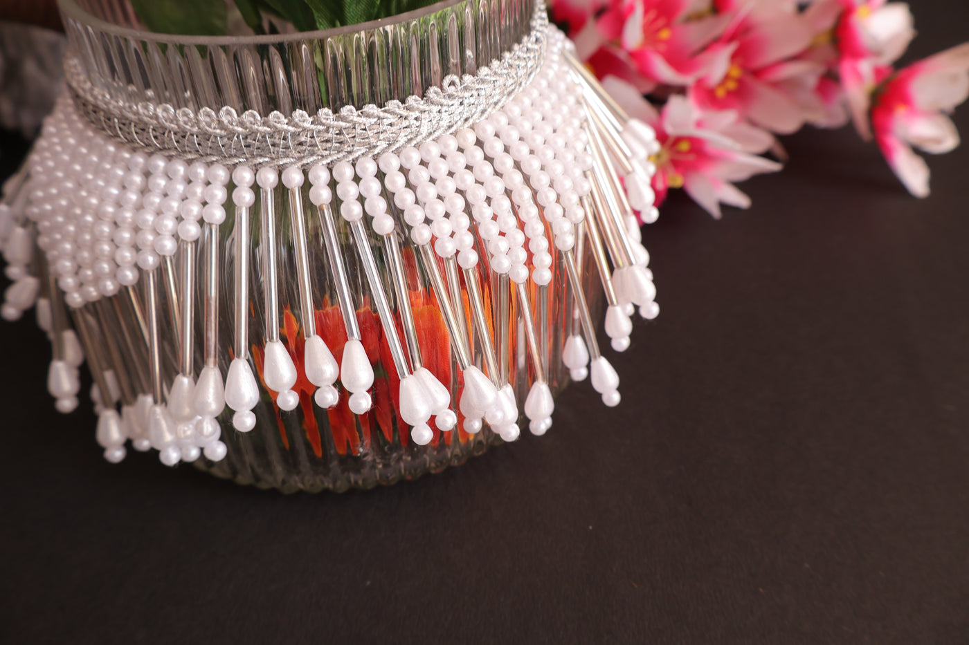2 Yards - Faux Pearl & Glass Beads Antique Silver Rain Drop Trim