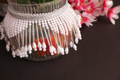 2 Yards - Faux Pearl & Glass Beads Antique Silver Rain Drop Trim