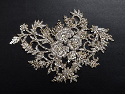 1 Pc - Floral Clear White Gold Zardozi Embroidered Sew on Patch