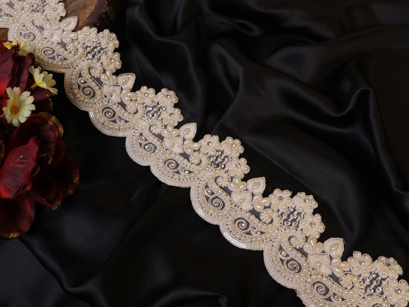 Off White Threadwork Scallop Pearl & Zircon Lace- 3 Yards Long