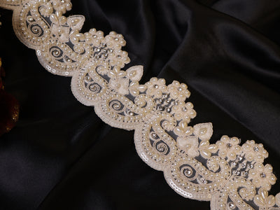 Off White Threadwork Scallop Pearl & Zircon Lace- 3 Yards Long