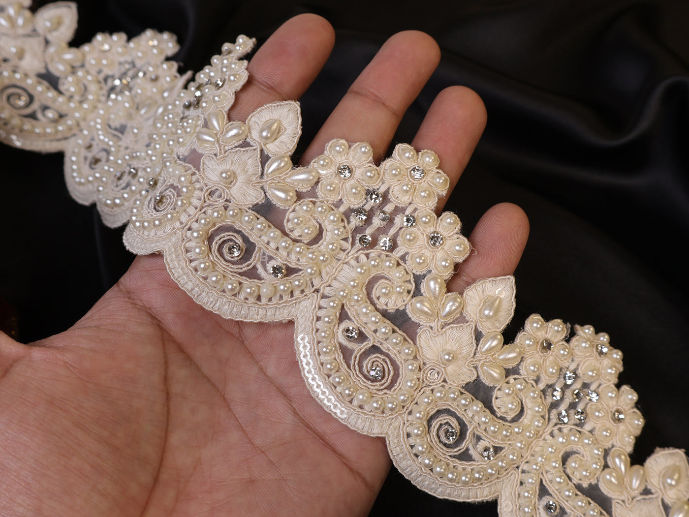 Off White Threadwork Scallop Pearl & Zircon Lace- 3 Yards Long