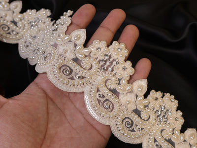 Off White Threadwork Scallop Pearl & Zircon Lace- 3 Yards Long