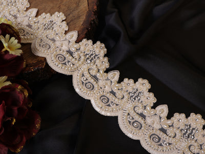 Off White Threadwork Scallop Pearl & Zircon Lace- 3 Yards Long