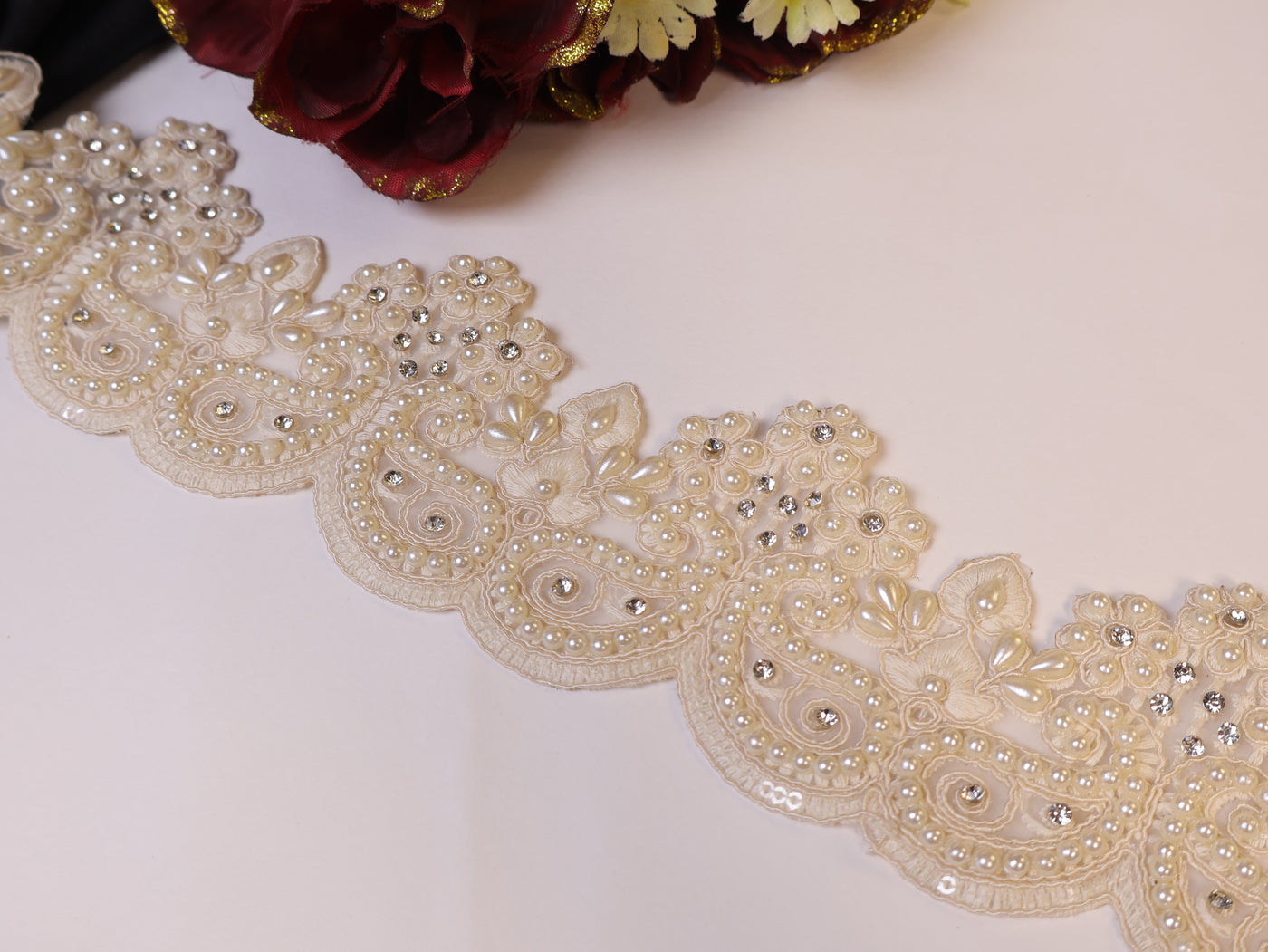 Off White Threadwork Scallop Pearl & Zircon Lace- 3 Yards Long