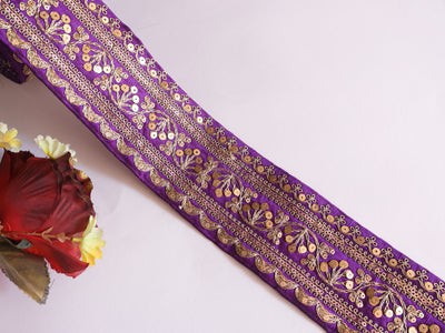 9 Yards - Purple & Golden Zari Embroidered Sari Lace