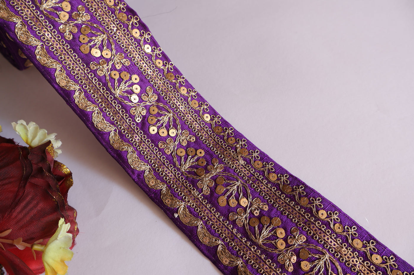 9 Yards - Purple & Golden Zari Embroidered Sari Lace