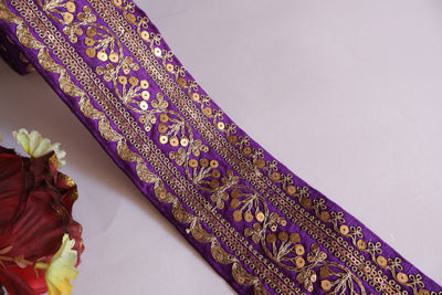 9 Yards - Purple & Golden Zari Embroidered Sari Lace