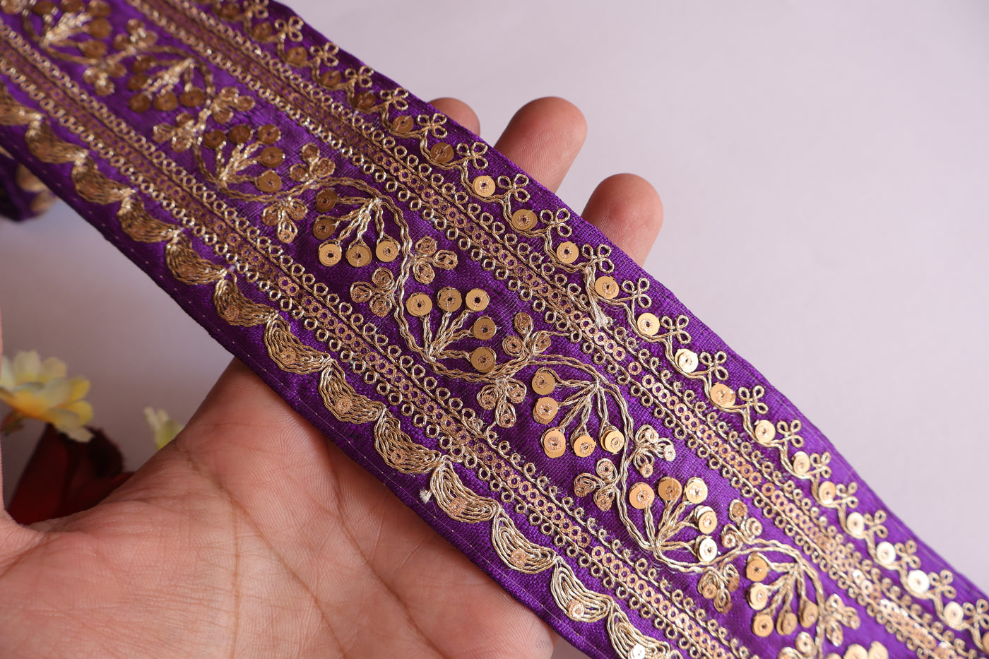 9 Yards - Purple & Golden Zari Embroidered Sari Lace