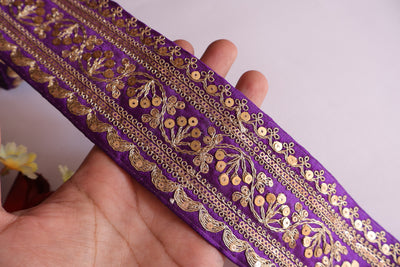 9 Yards - Purple & Golden Zari Embroidered Sari Lace