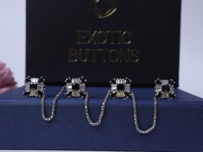 Silver & Black Rectangular AD Crystals Embellished Chained Buttons Set of 4