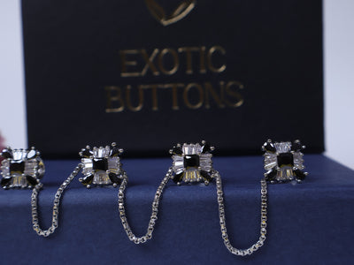 Silver & Black Rectangular AD Crystals Embellished Chained Buttons Set of 4