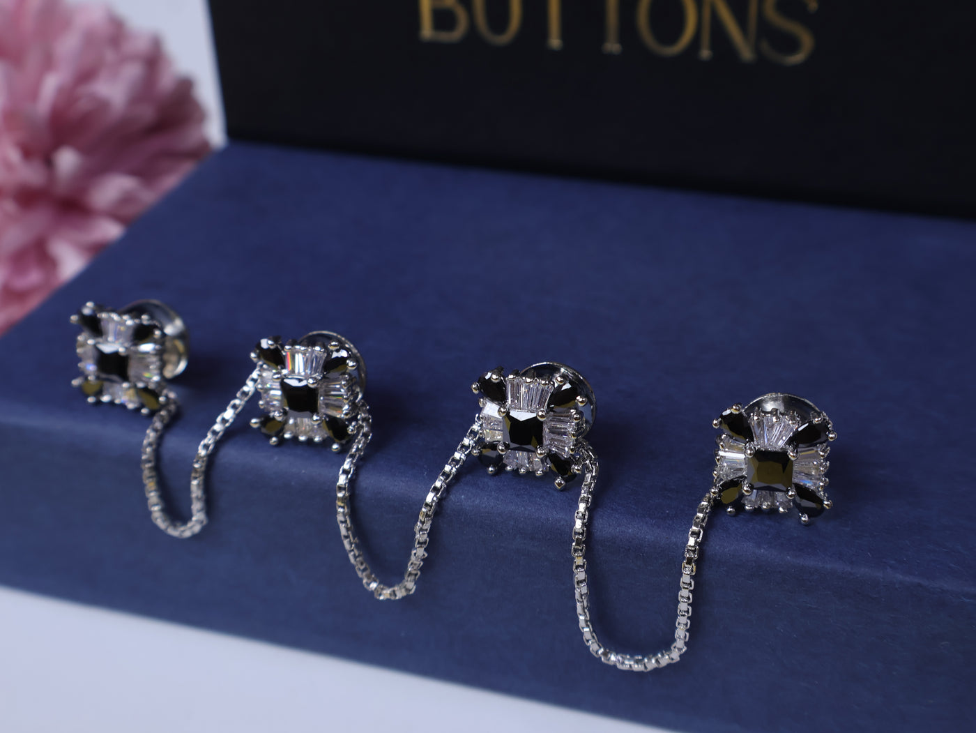 Silver & Black Rectangular AD Crystals Embellished Chained Buttons Set of 4