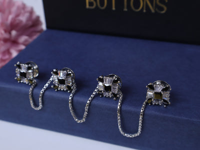 Silver & Black Rectangular AD Crystals Embellished Chained Buttons Set of 4