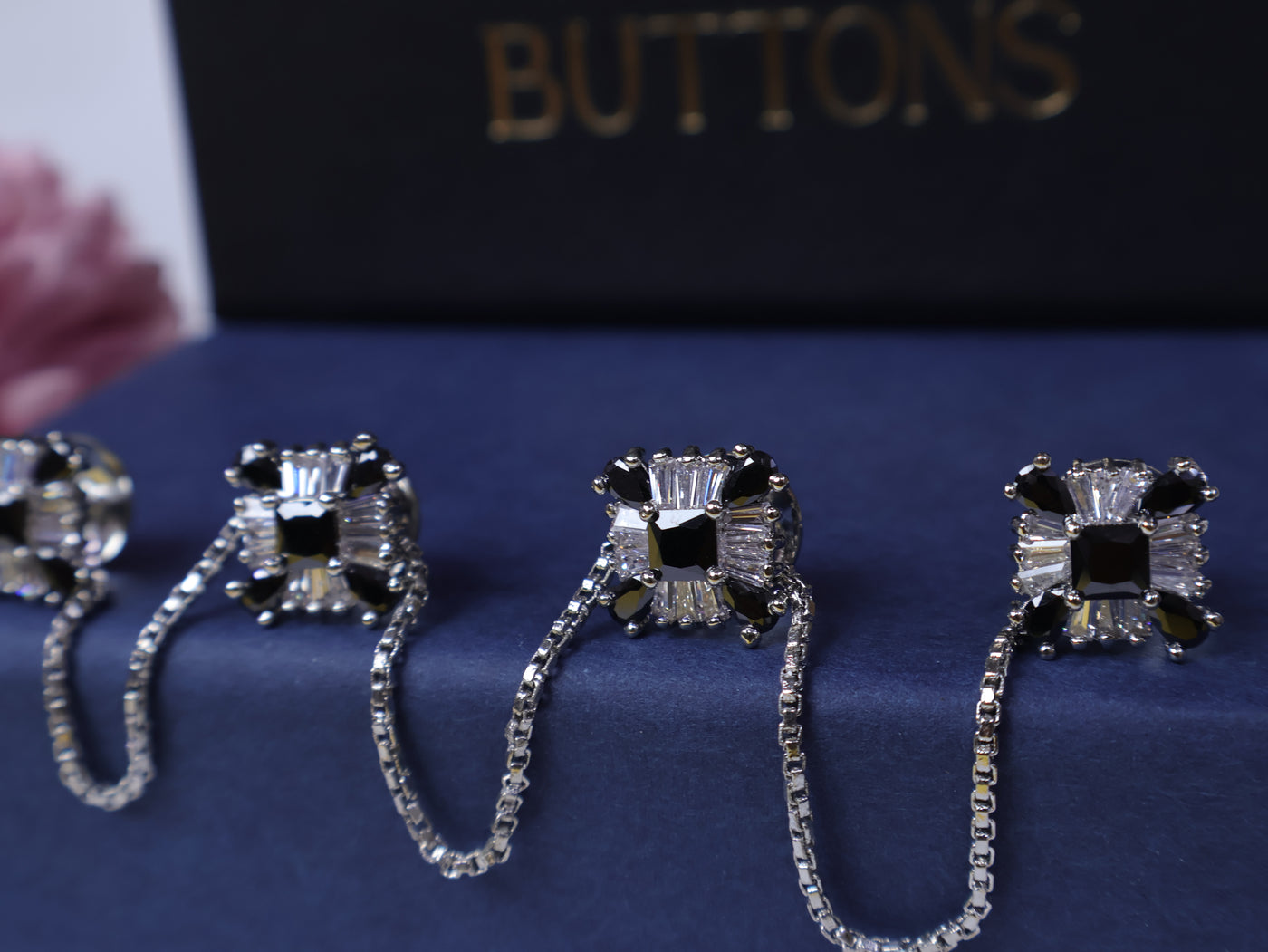 Silver & Black Rectangular AD Crystals Embellished Chained Buttons Set of 4