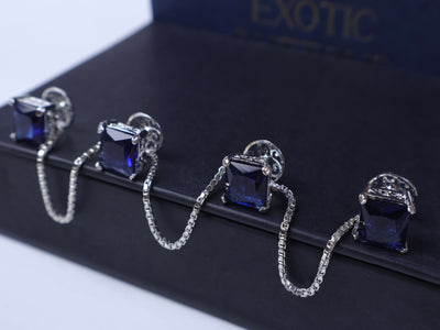 Navy Blue Square Crystals Embellished Chained Buttons Set for Men Kurta