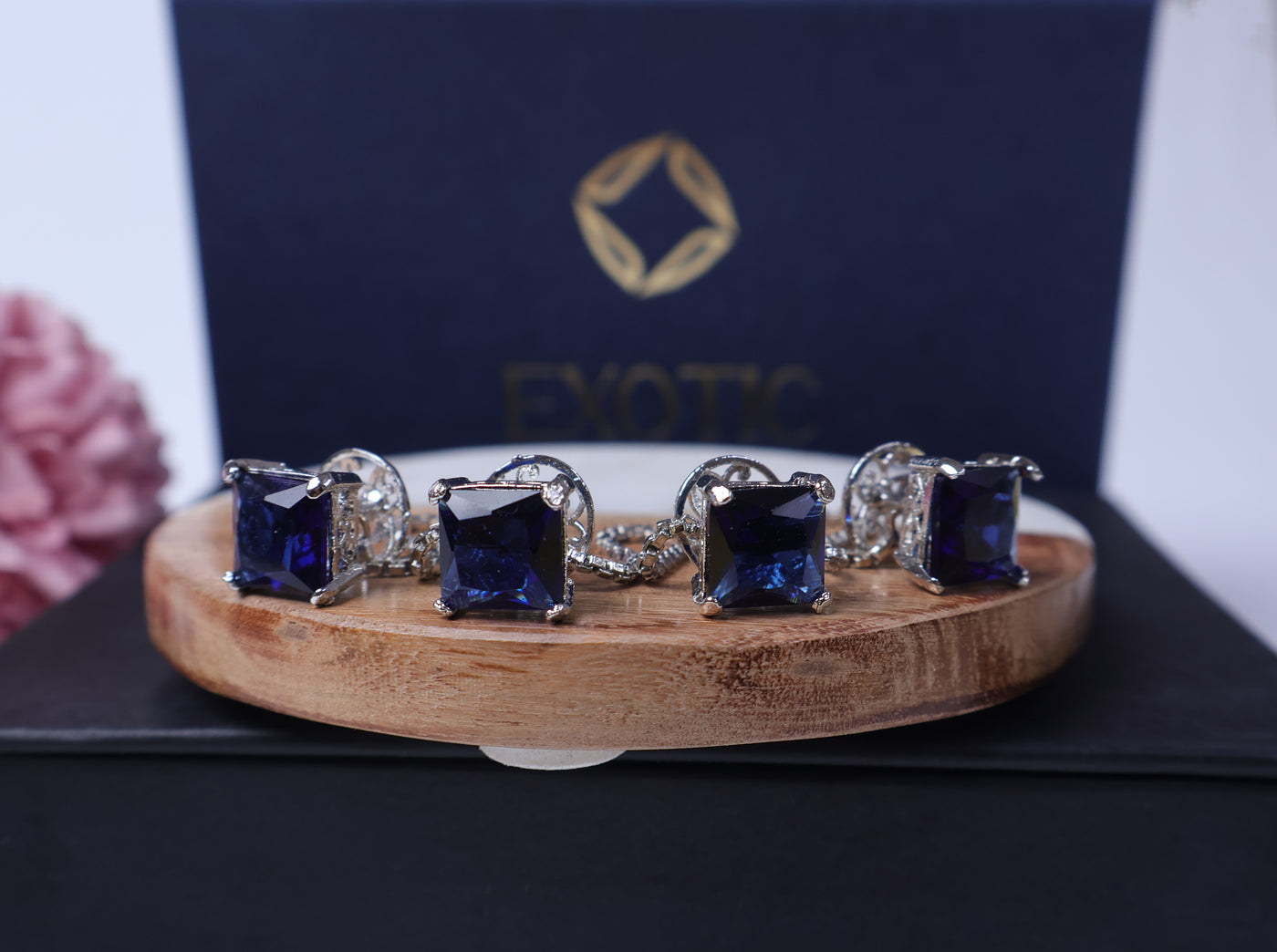 Navy Blue Square Crystals Embellished Chained Buttons Set for Men Kurta