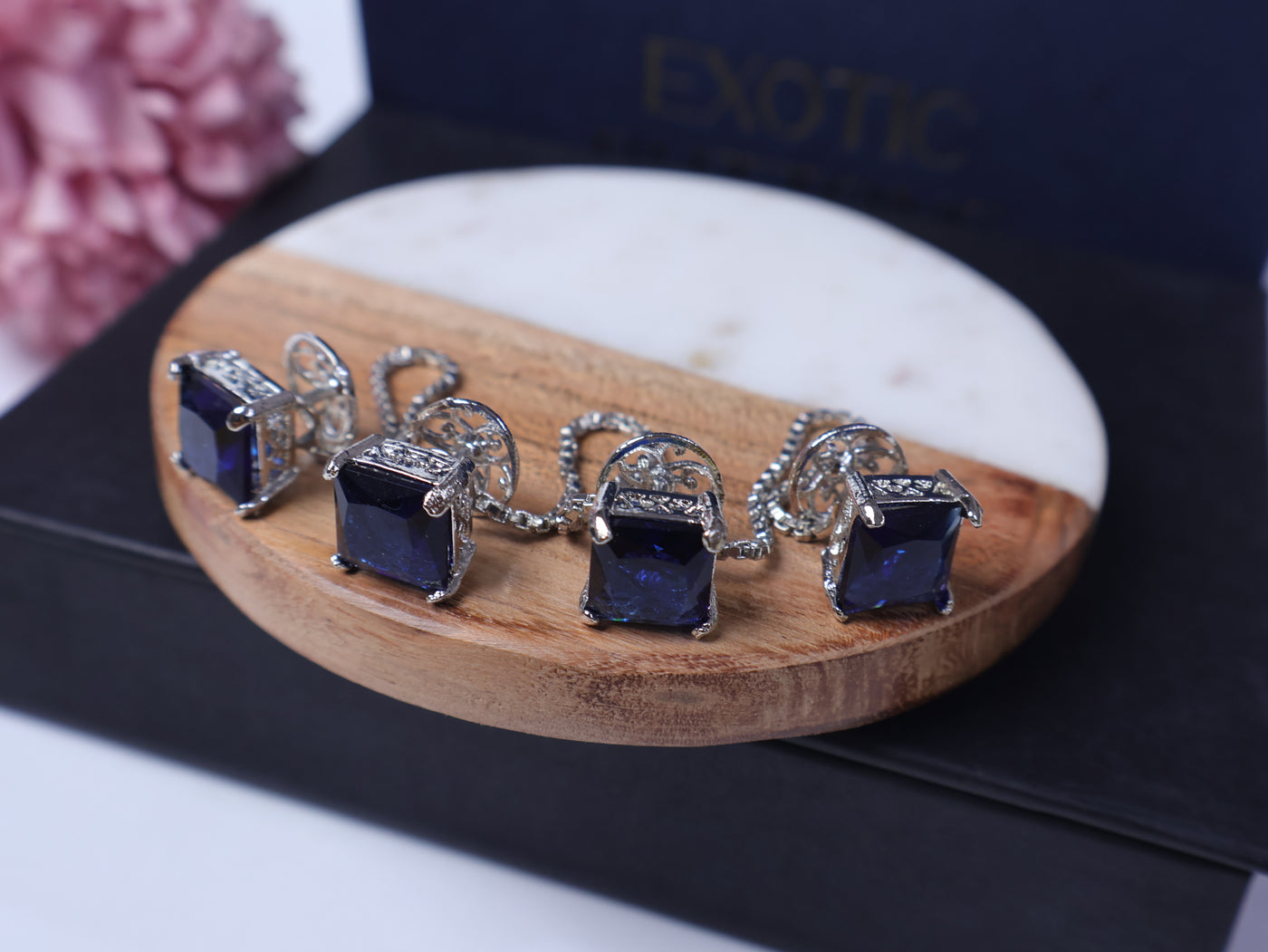 Navy Blue Square Crystals Embellished Chained Buttons Set for Men Kurta