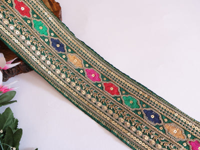 Green Zari Embroidered Sequin Border Trim - 1 yard