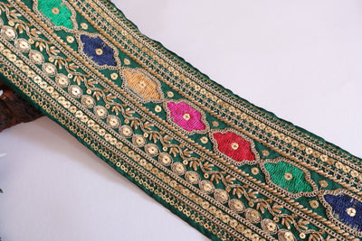 Green Zari Embroidered Sequin Border Trim - 1 yard