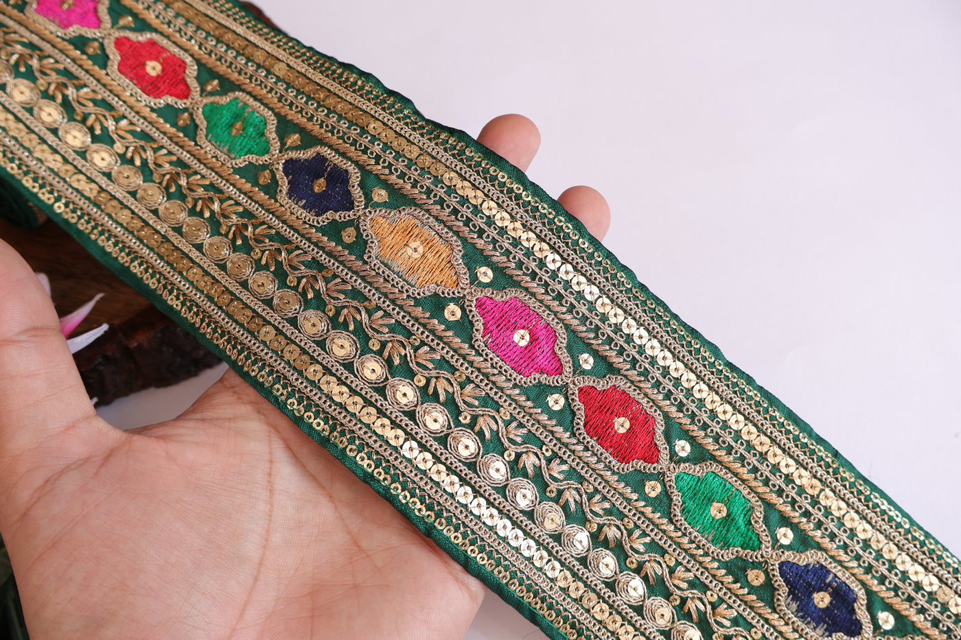 Green Zari Embroidered Sequin Border Trim - 1 yard