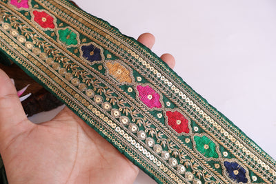 Green Zari Embroidered Sequin Border Trim - 1 yard