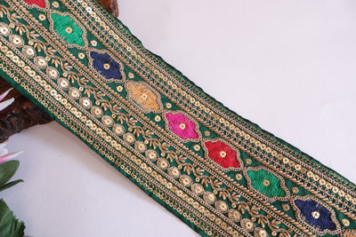 Green Zari Embroidered Sequin Border Trim - 1 yard
