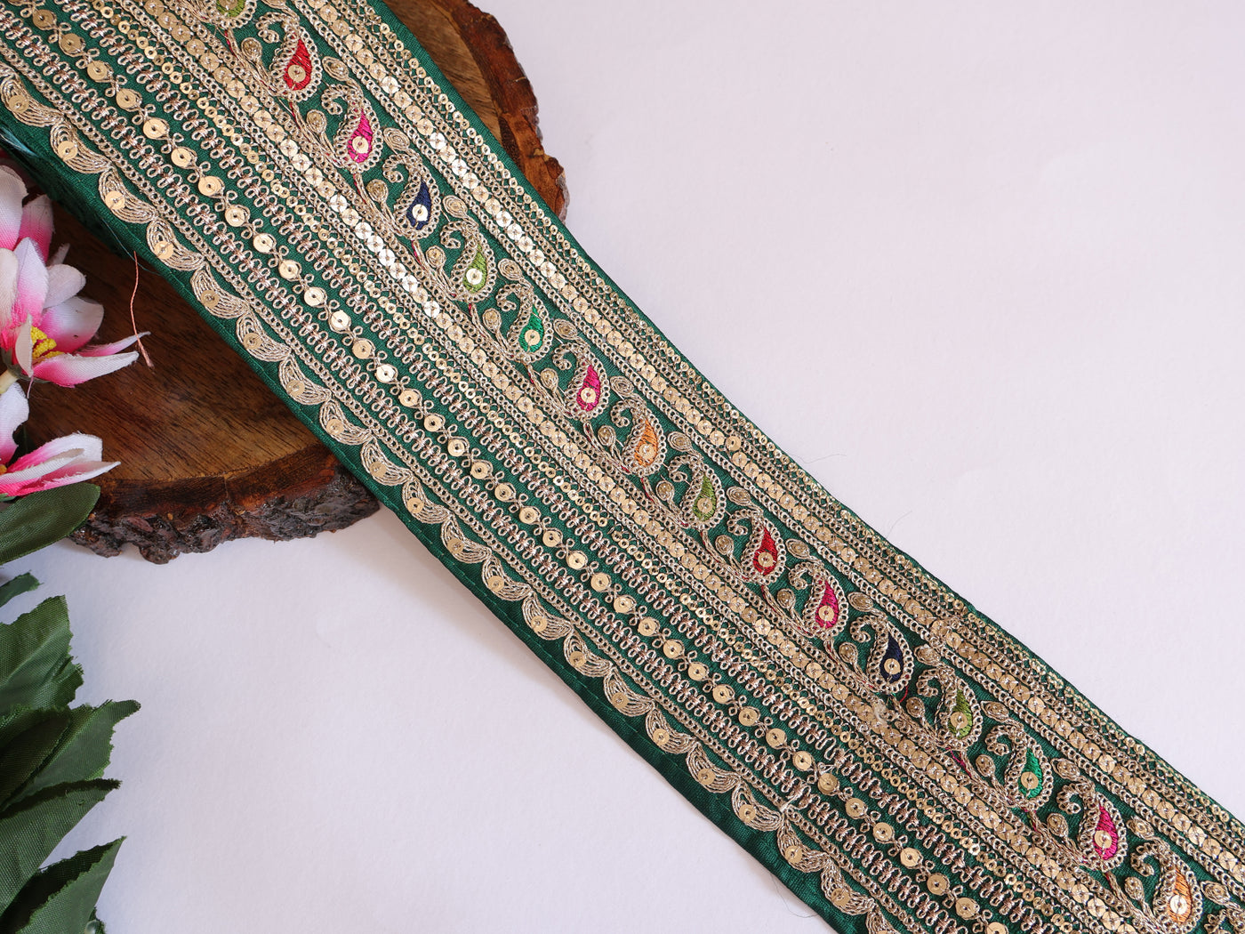 Green Broad Zari Embroidered Sequin Border - 1 yard