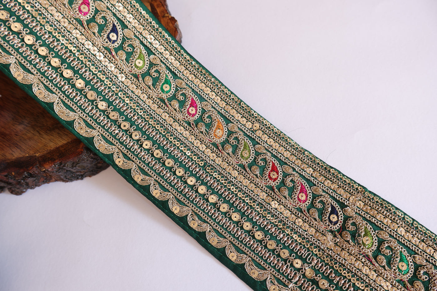Green Broad Zari Embroidered Sequin Border - 1 yard