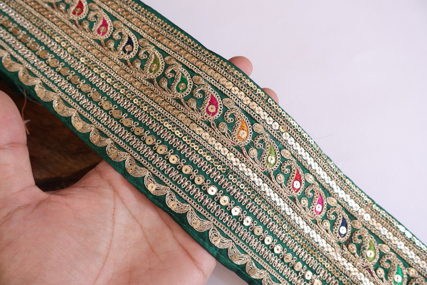 Green Broad Zari Embroidered Sequin Border - 1 yard