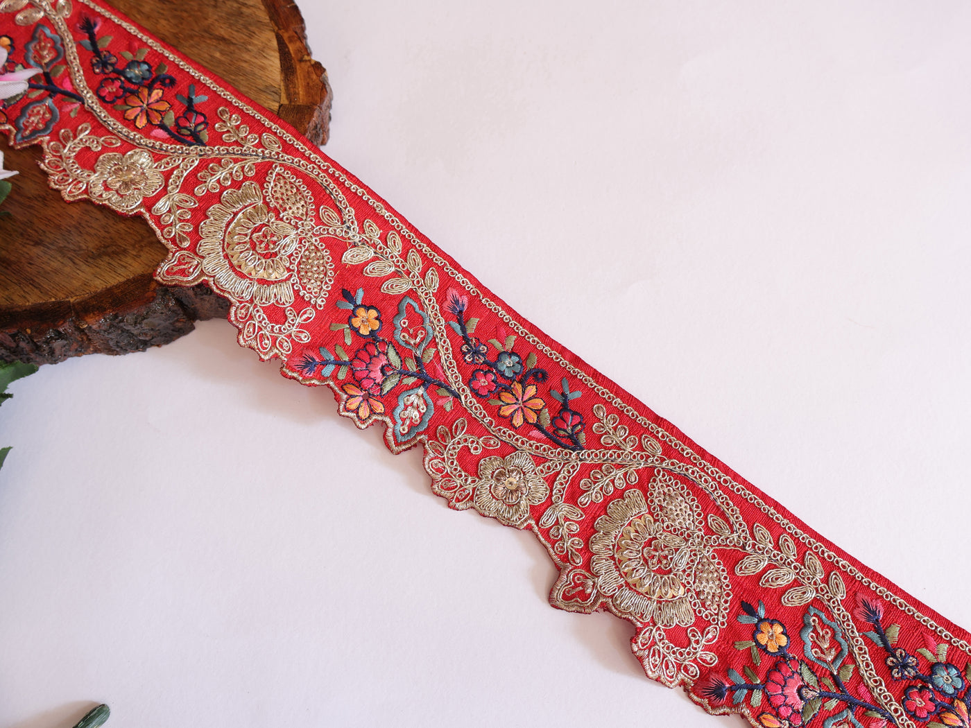Red Floral Zari Embroidered Lace Trim - 3 Yards