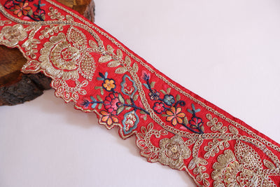 Red Floral Zari Embroidered Lace Trim - 3 Yards