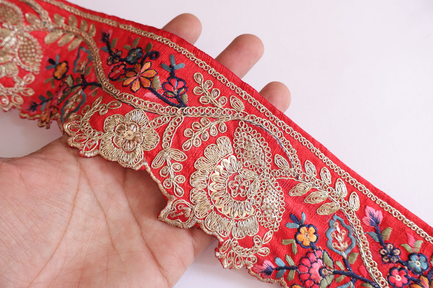 Red Floral Zari Embroidered Lace Trim - 3 Yards